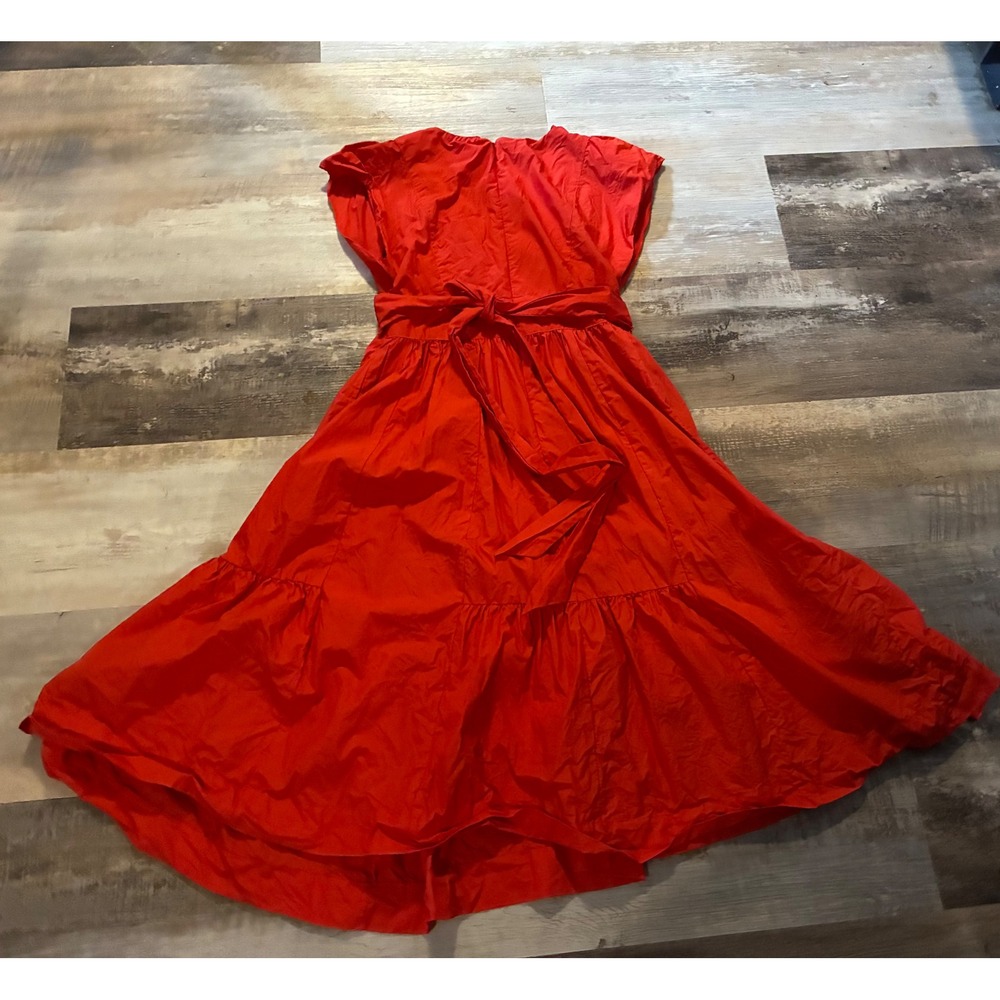 Maeve by Anthropologie Red Cotton Tiered Midi Dress Wrap Neck Tie Waist Sz 10 - Picture 5 of 6